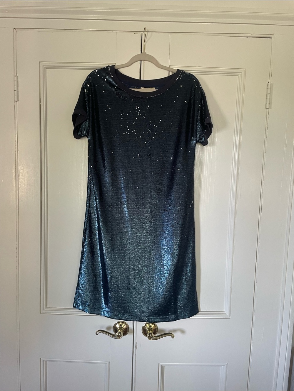 Anthropologie Metallic Navy Shift Dress with Sequin Accents